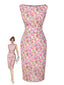 Robe moulante rose fleurie à col bateau années 1960