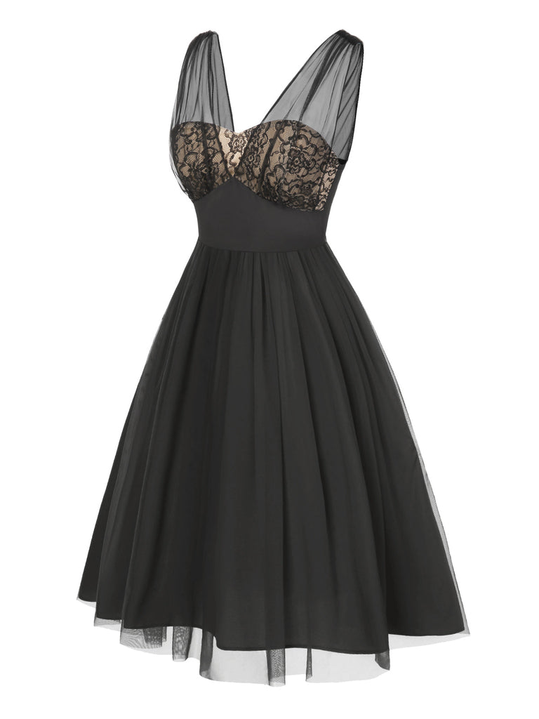 Robe trapèze noire fleurie en dentelle et maille années 1950