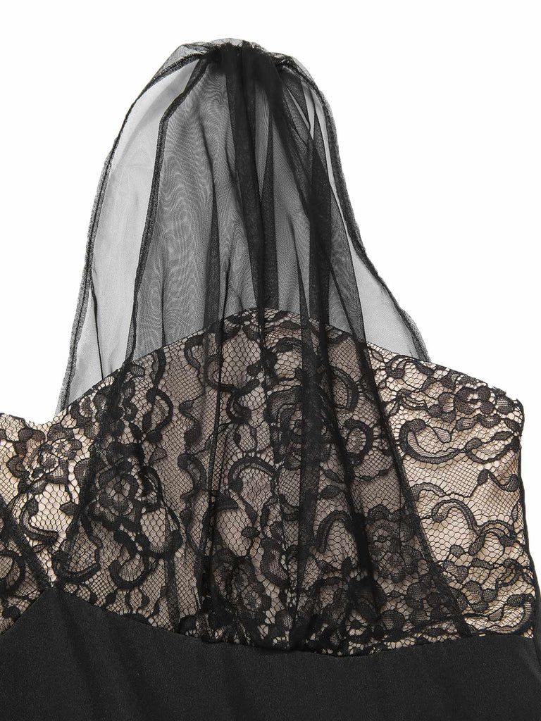 Robe trapèze noire fleurie en dentelle et maille années 1950