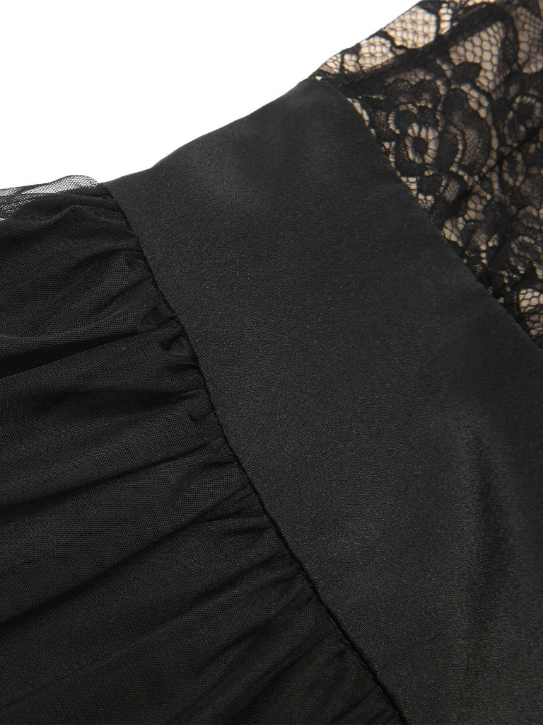 Robe trapèze noire fleurie en dentelle et maille années 1950