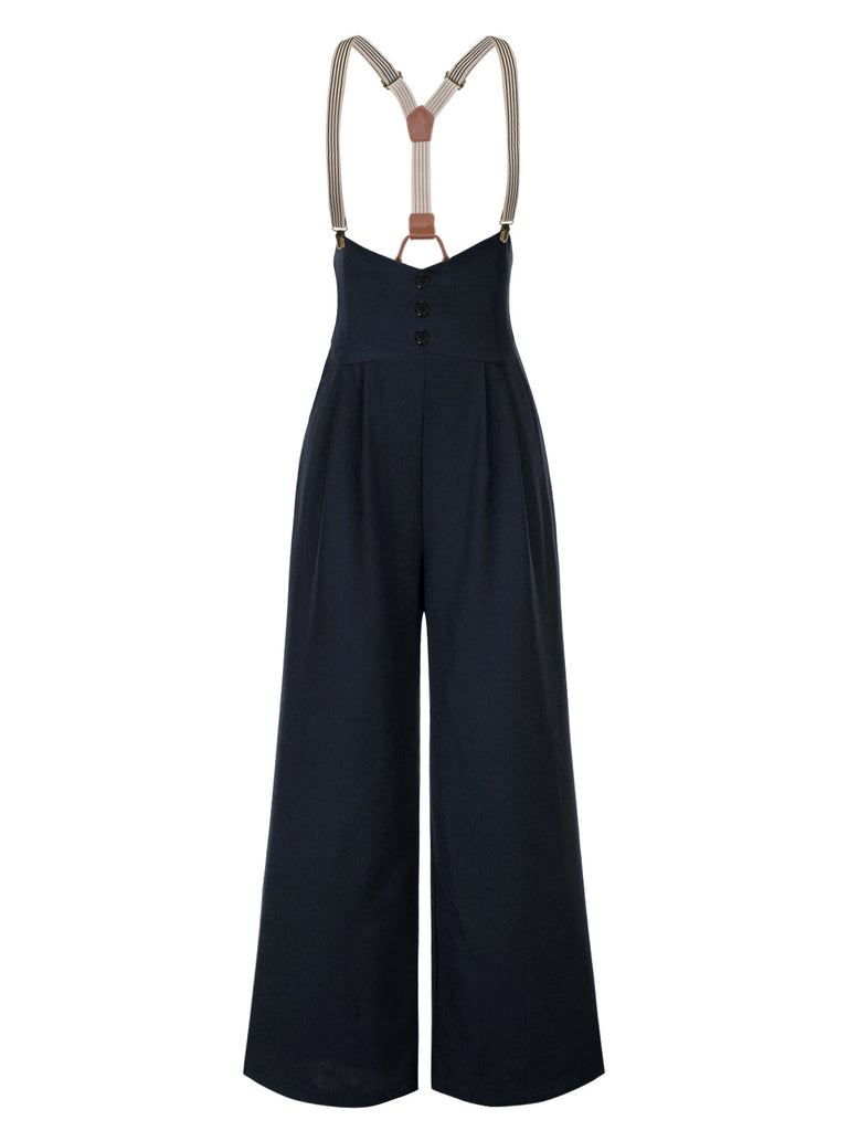 Pantalon à bretelles marron foncé à bretelles boutonné années 1950
