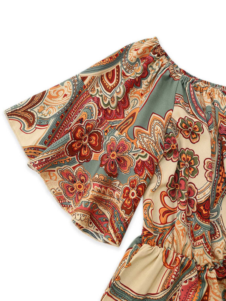 Combishort bohème multicolore à épaules dénudées années 1970