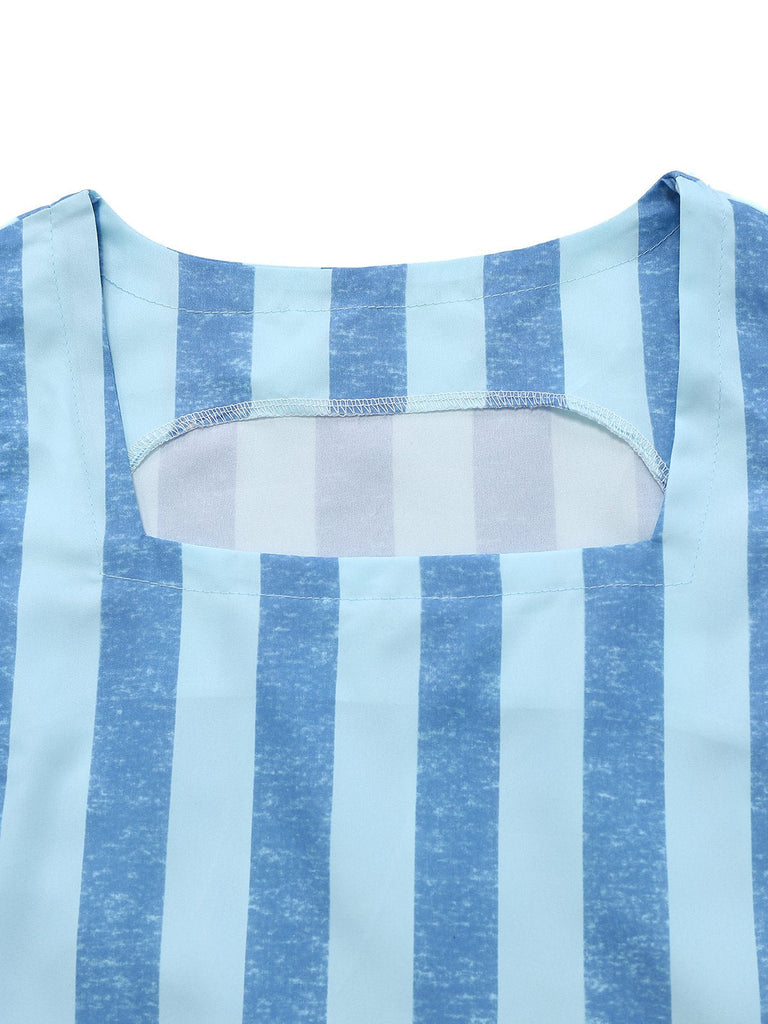 2PCS Haut rayures bleues col carré et jupe froncée des années 1950