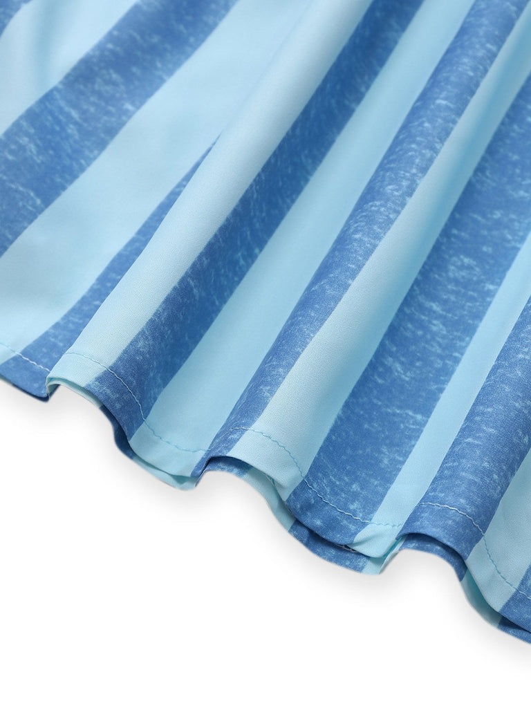 2PCS Haut rayures bleues col carré et jupe froncée des années 1950