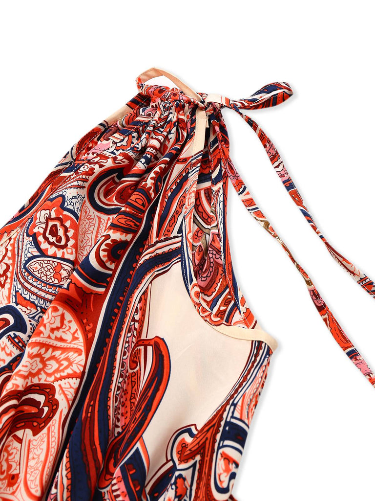 Combishort rouge bohème à fleurs asymétrique années 1970