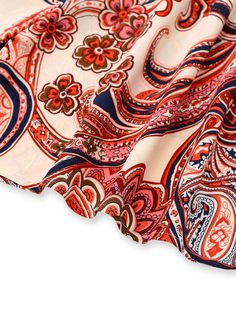 Combishort rouge bohème à fleurs asymétrique années 1970