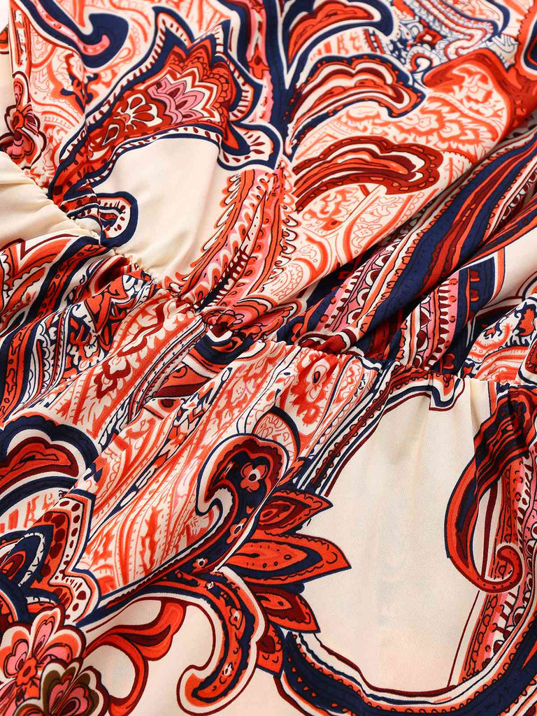 Combishort rouge bohème à fleurs asymétrique années 1970