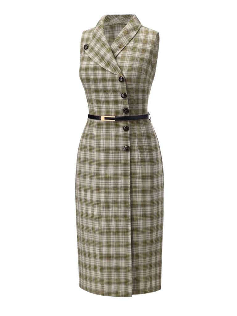 Robe à carreaux boutonnée à revers vert pois des années 1960