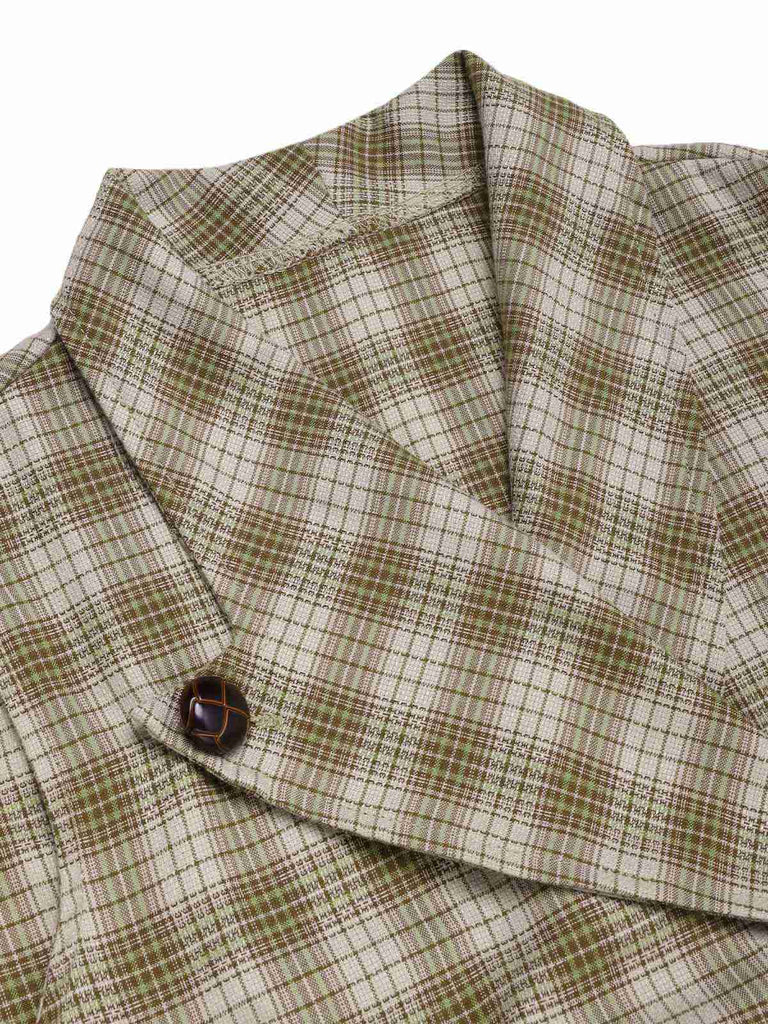 Robe à carreaux boutonnée à revers vert pois des années 1960