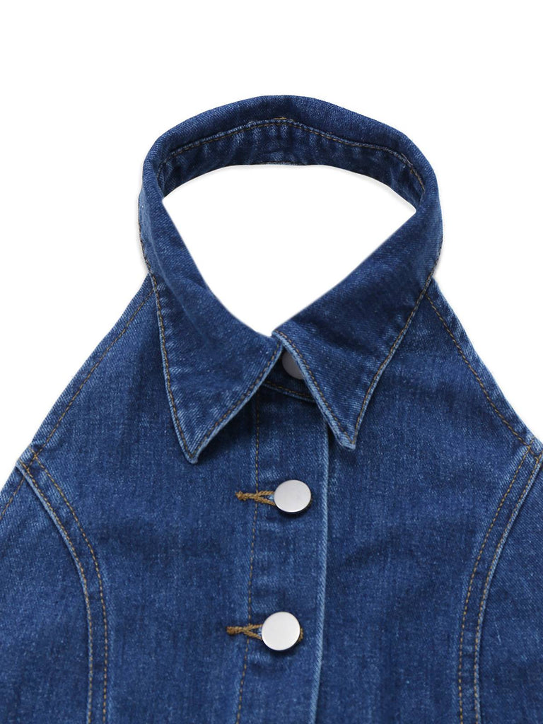 Combinaison en jean bleu à revers sans manches et jambe large des années 1930