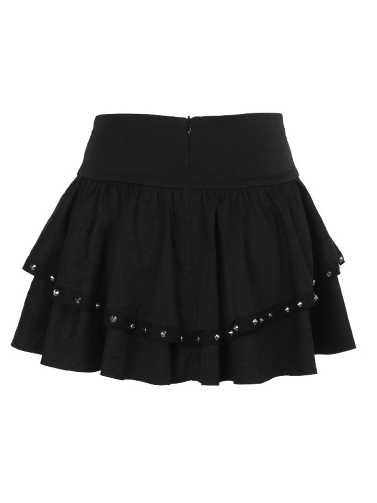 Jupe noire à lacets et boutons en métal punk des années 1980