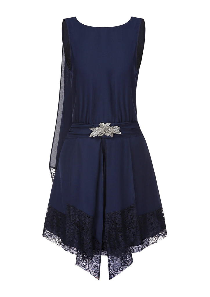 Robe bleue en dentelle patchwork et strass années 1920