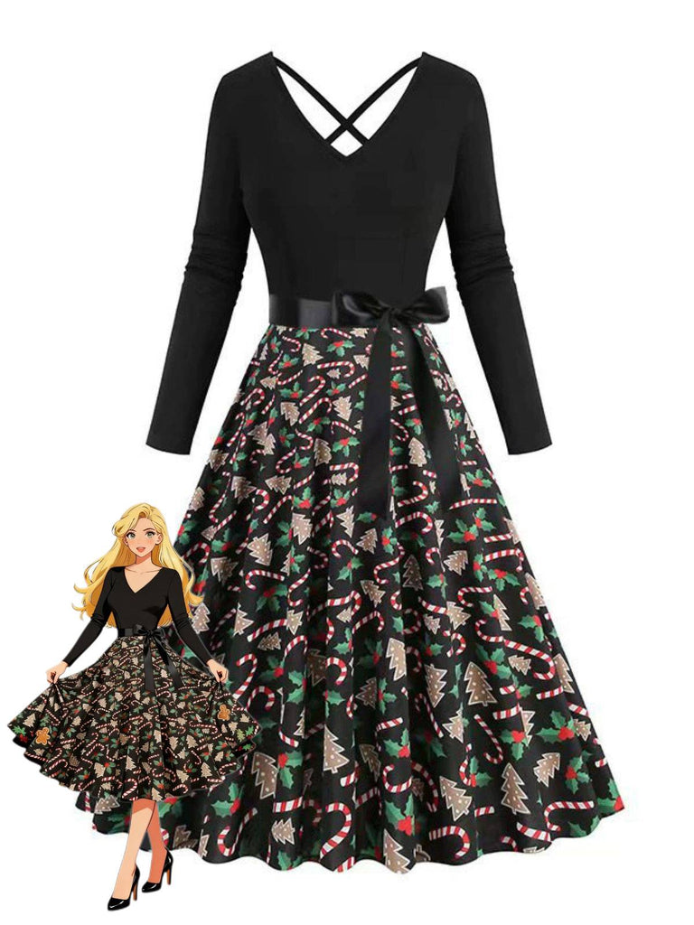 Robe noire à imprimé Noël col en V et dos croisé années 1950
