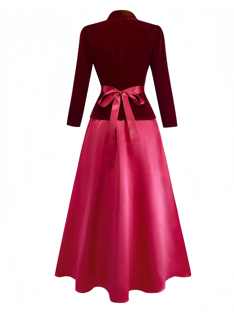 2PCS Veste en velours à col en V et jupe vin rouge années 1940