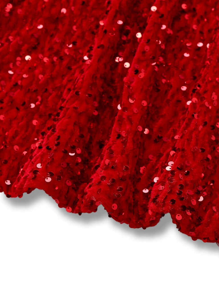 Robe à paillettes rouge manches longues col rond avec nœud des années 1960