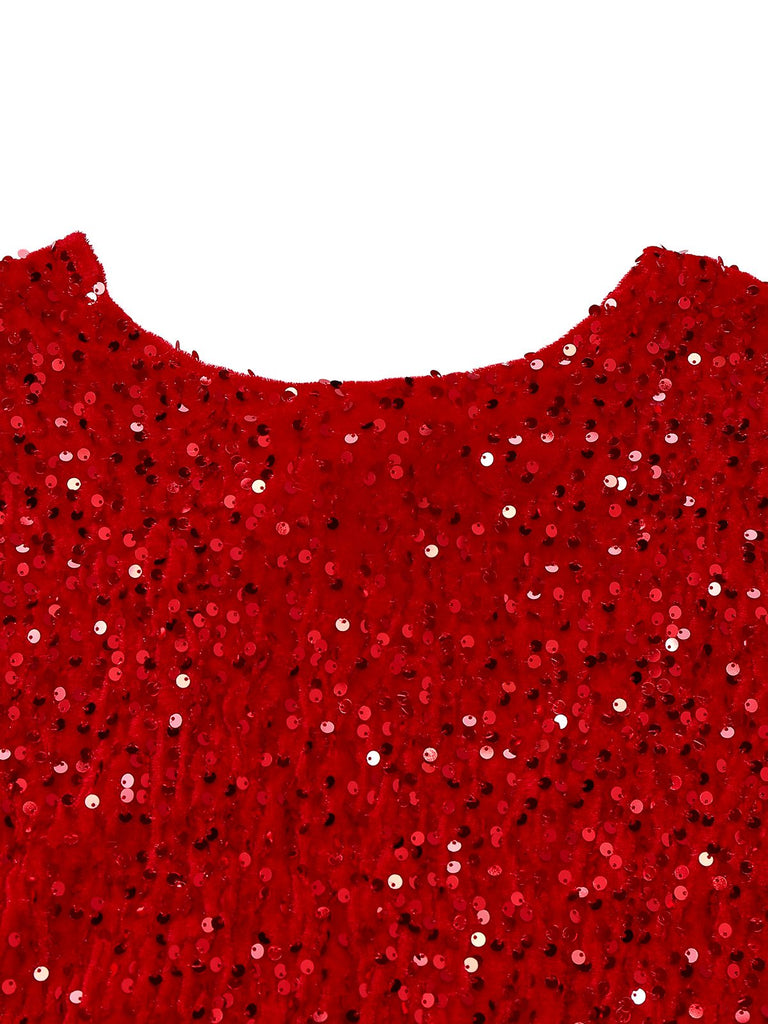 Robe à paillettes rouge manches longues col rond avec nœud des années 1960