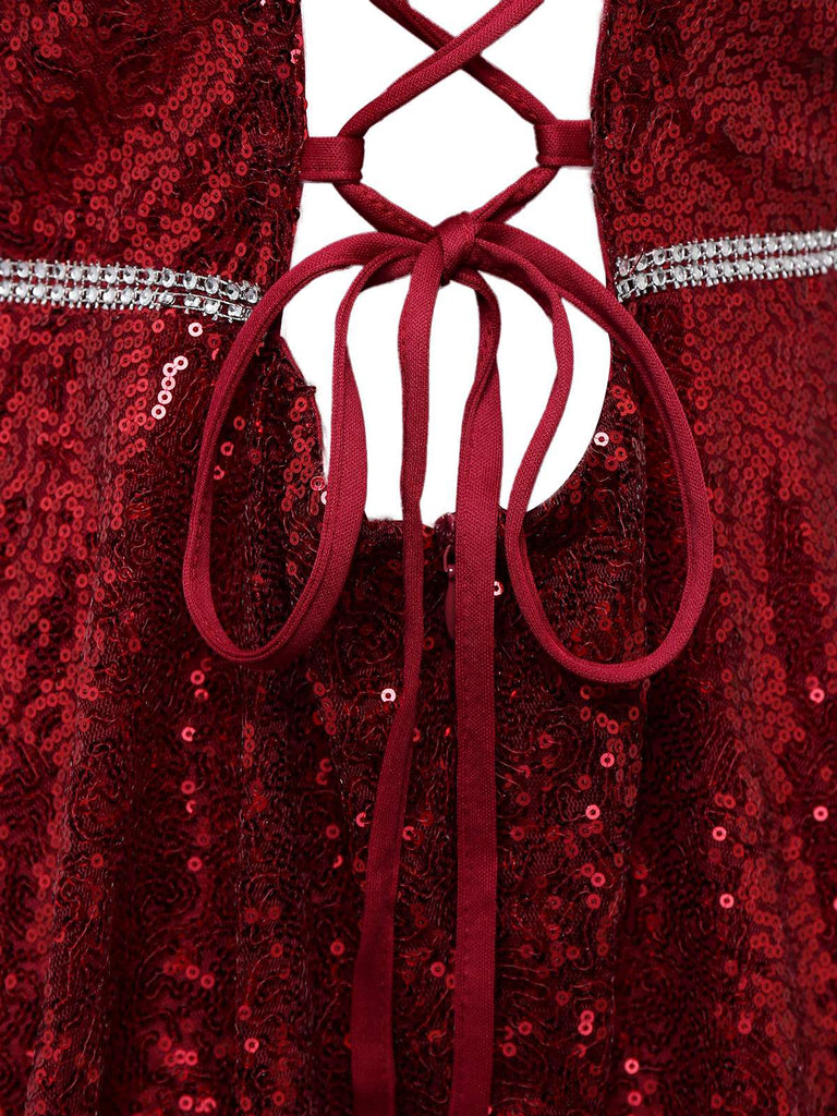 Robe en maille à paillettes col décolleté en V profond rouge vin des années 1950