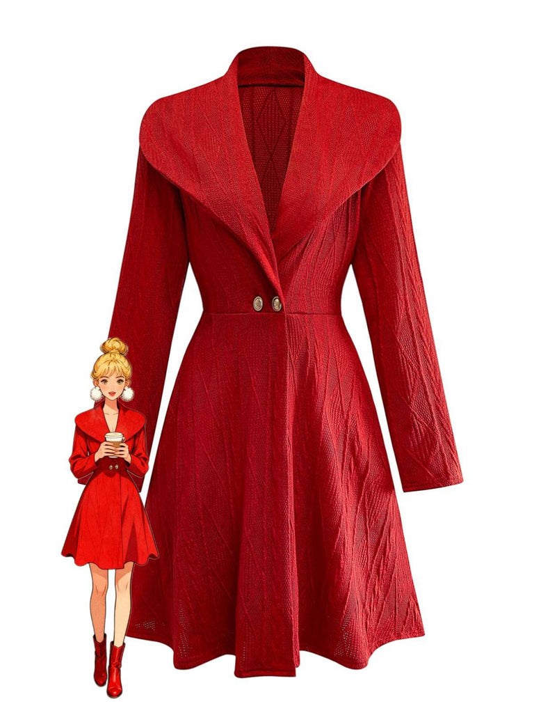 Robe boutonnée à gros col en V en maille unie des années 1940