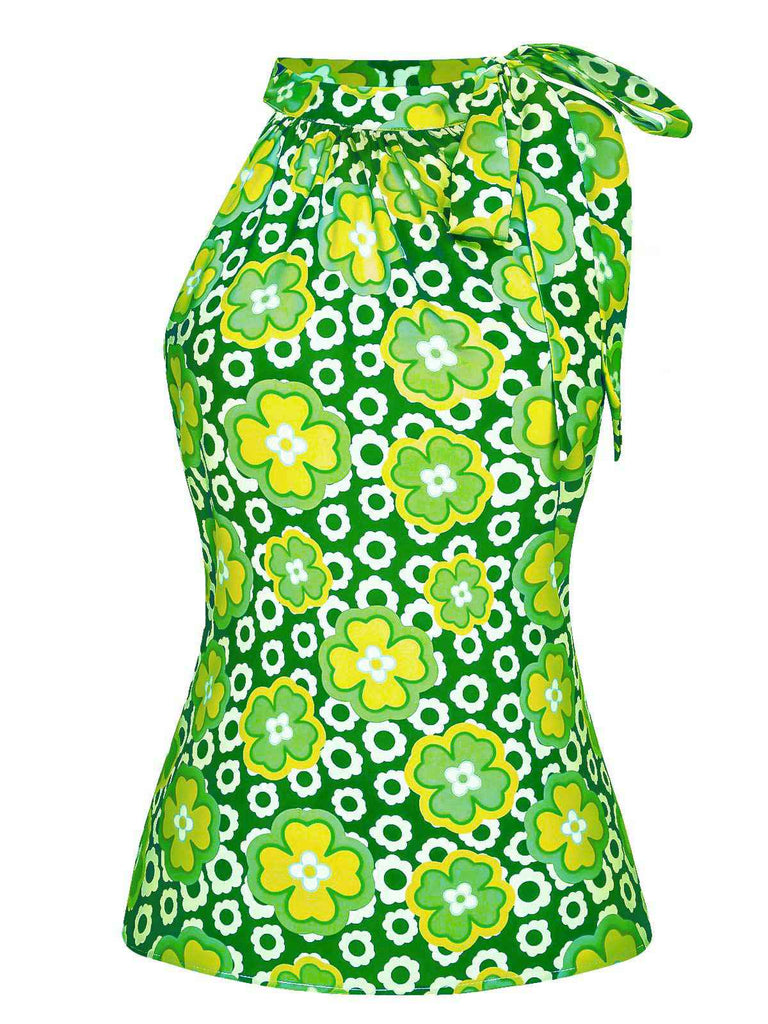 2PCS hauts fleuris à col noué et jupe unie boutonnée vert des années 1960