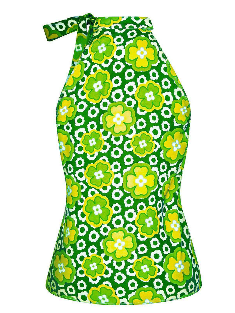 Haut sans manches à col noué et motif floral des années 1960