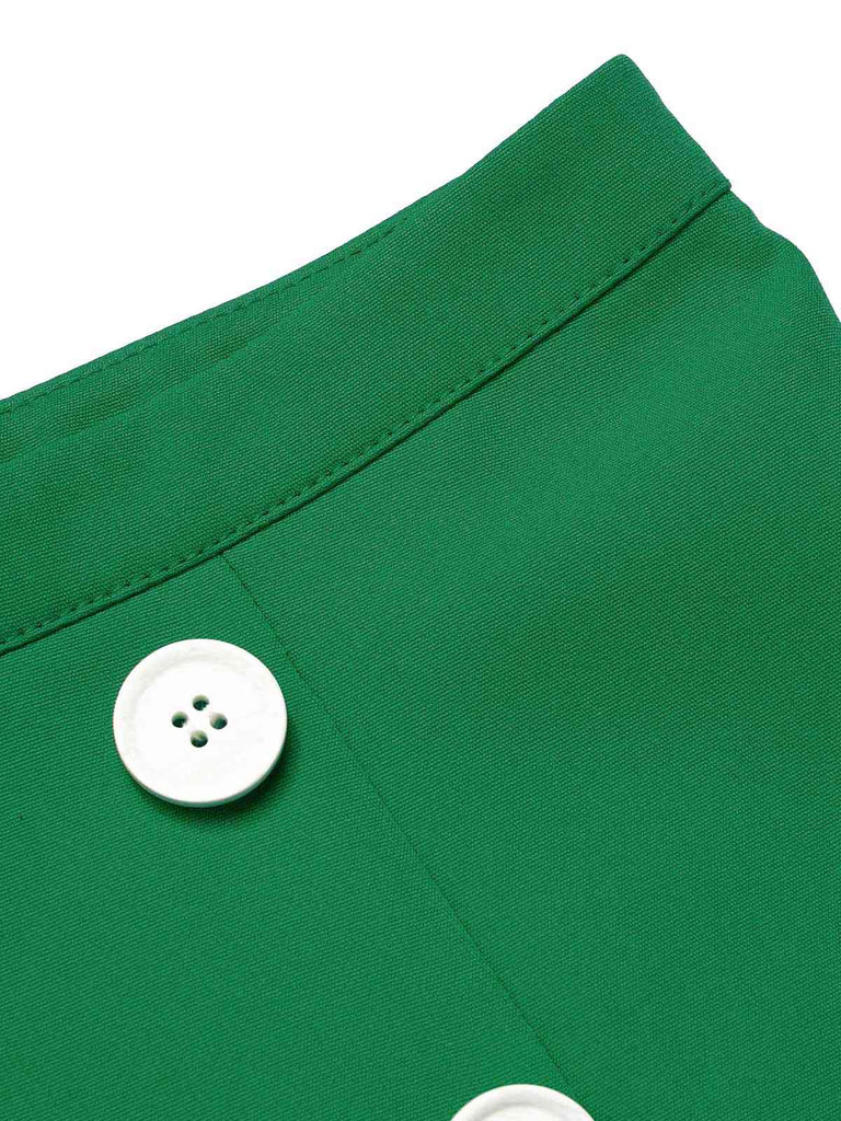 2PCS hauts fleuris à col noué et jupe unie boutonnée vert des années 1960