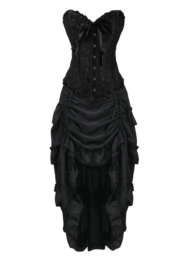 2PCS Corset Dentelle Hors Épaule et Jupe Plissée Ourlet Haut et Bas Steampunk Gothique