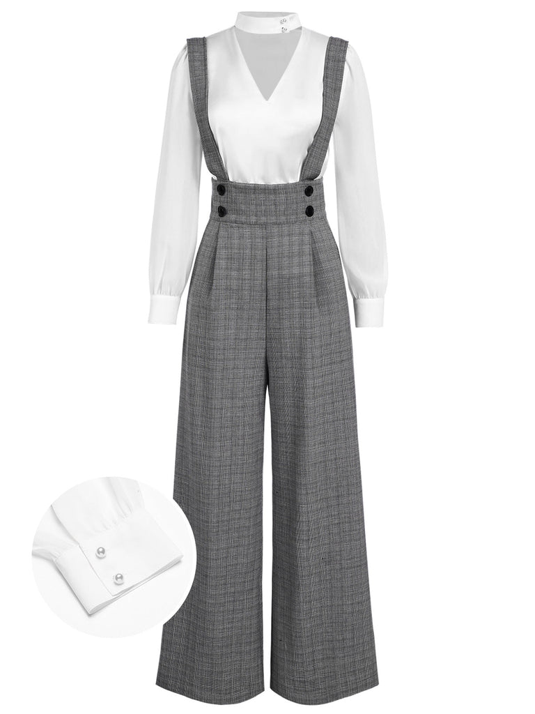 Chemisier manches bouffantes satin et pantalon bretelles à carreaux années 1940