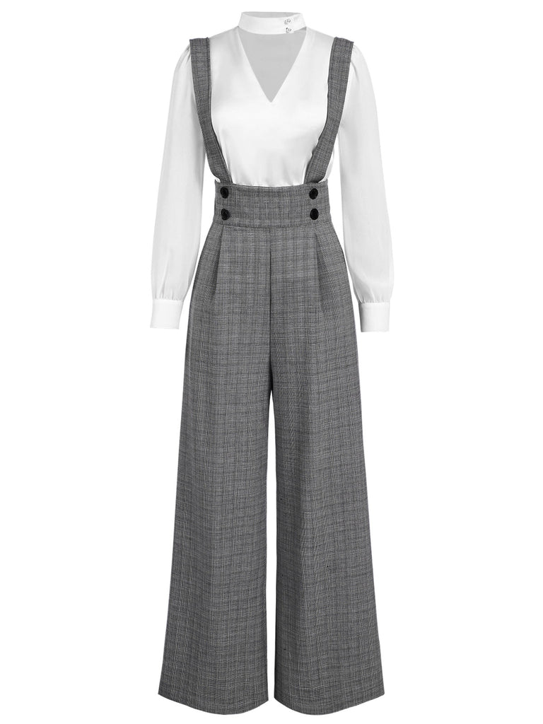 Chemisier manches bouffantes satin et pantalon bretelles à carreaux années 1940