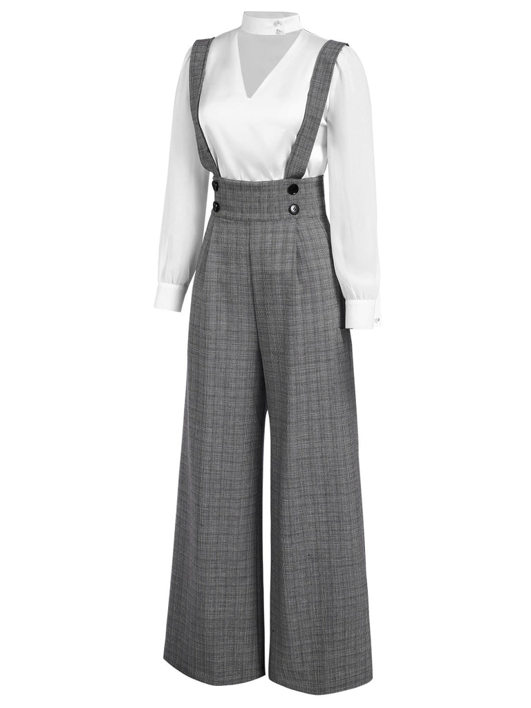 Chemisier manches bouffantes satin et pantalon bretelles à carreaux années 1940