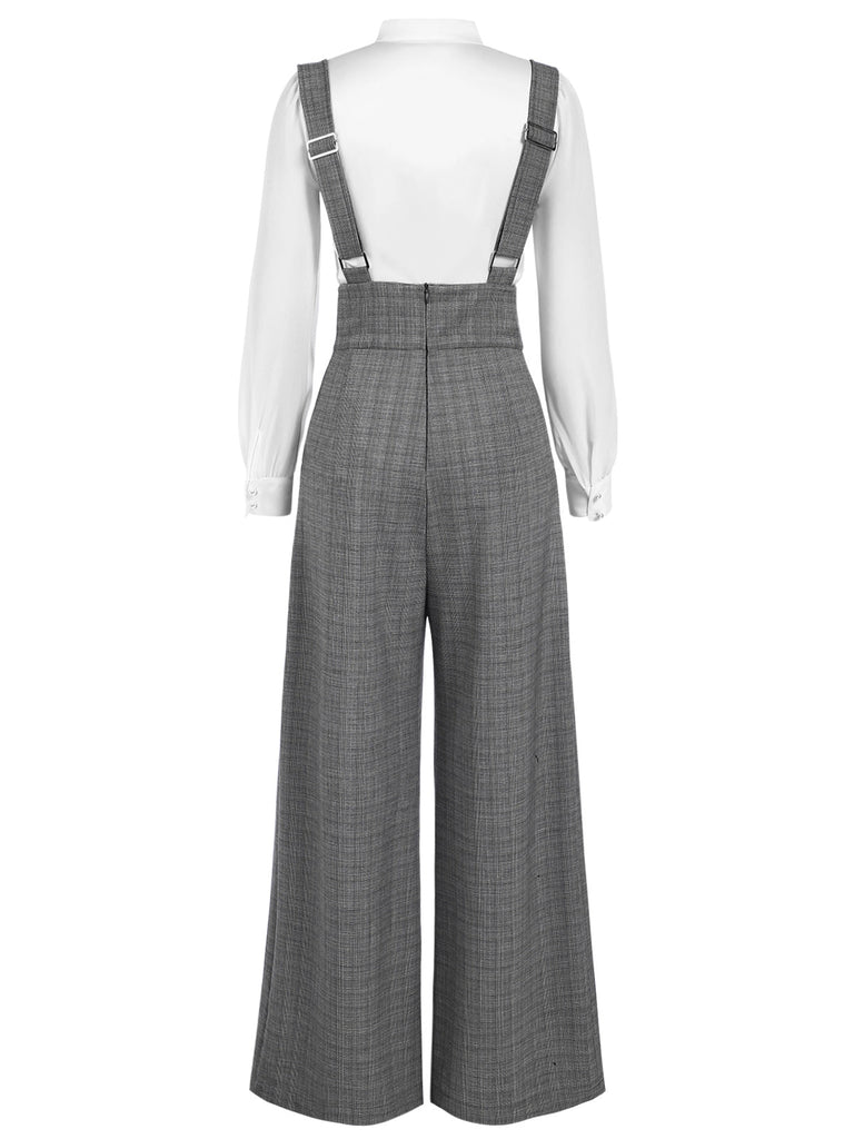 Chemisier manches bouffantes satin et pantalon bretelles à carreaux années 1940