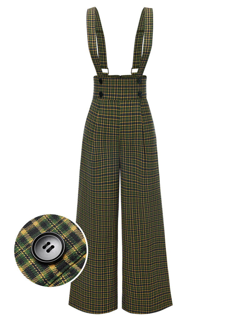 Pantalon salopette boutonné à carreaux Glen vert des années 40