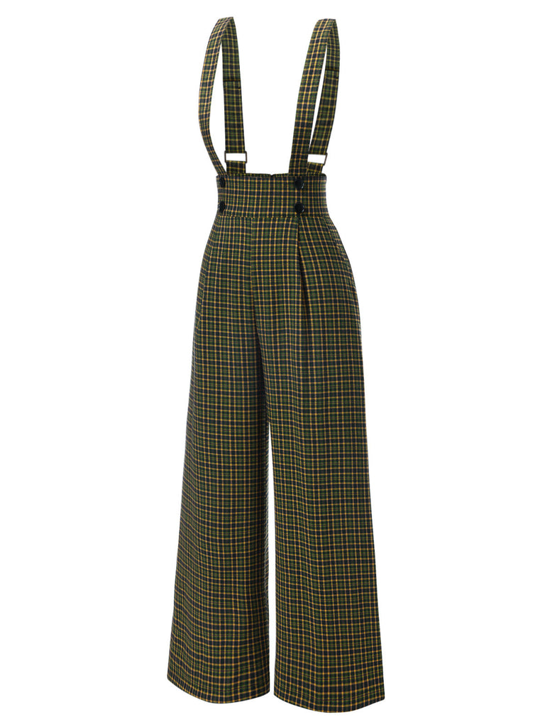 Pantalon salopette boutonné à carreaux Glen vert des années 40