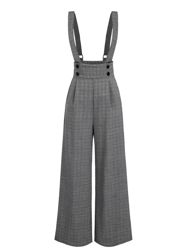 Chemisier manches bouffantes satin et pantalon bretelles à carreaux années 1940
