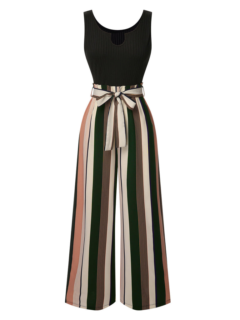 Combinaison en tricot à rayures verte des années 1950 avec ceinture