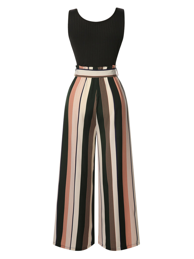 Combinaison en tricot à rayures verte des années 1950 avec ceinture