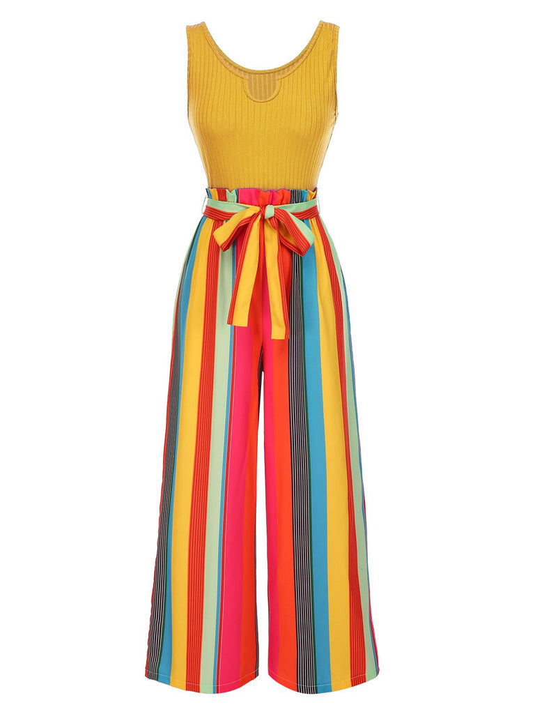 Combinaison en tricot à rayures verte des années 1950 avec ceinture