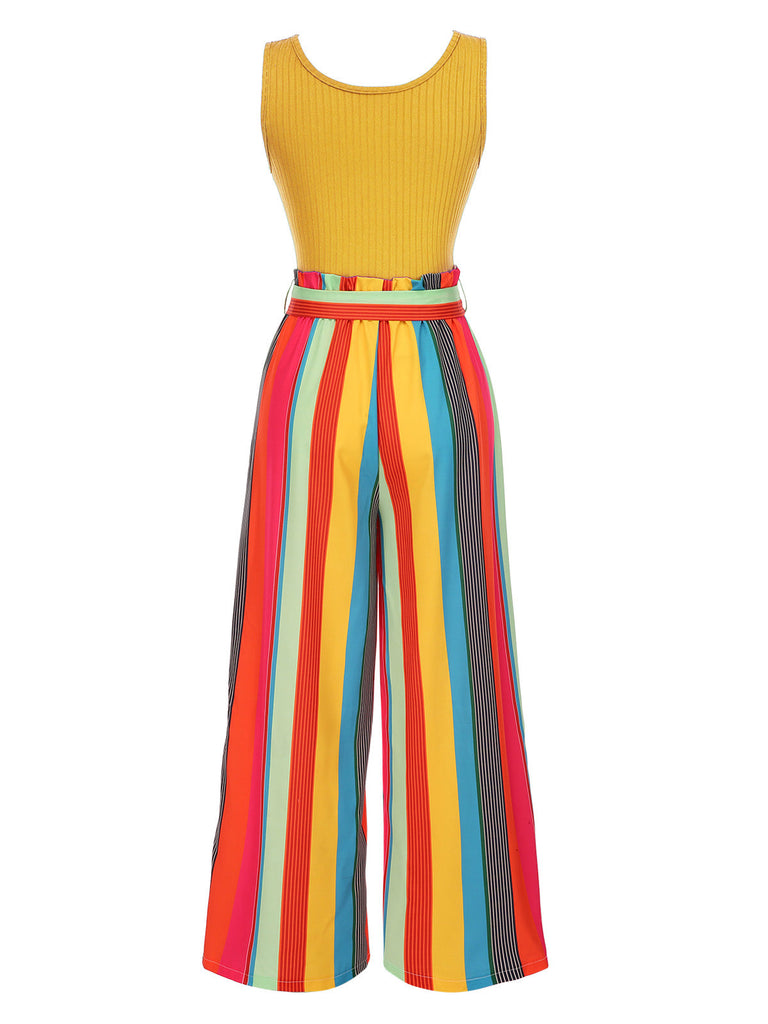 Combinaison en tricot à rayures verte des années 1950 avec ceinture