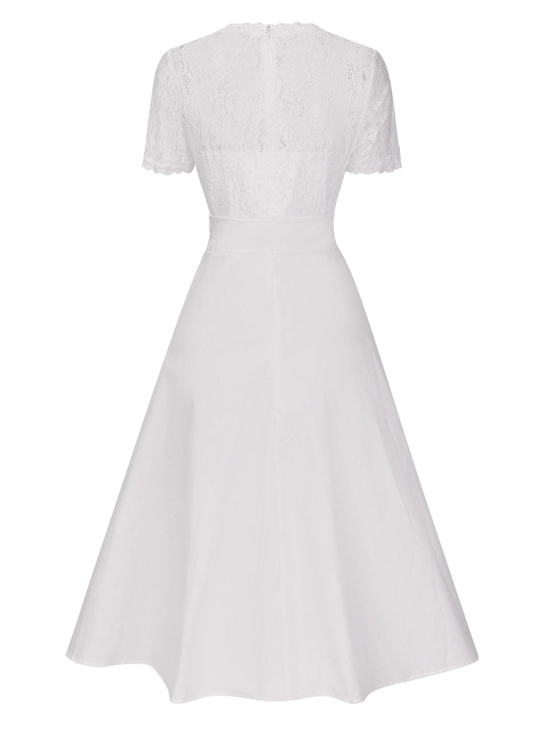 Robe blanche en patchwork de dentelle col V années 1940