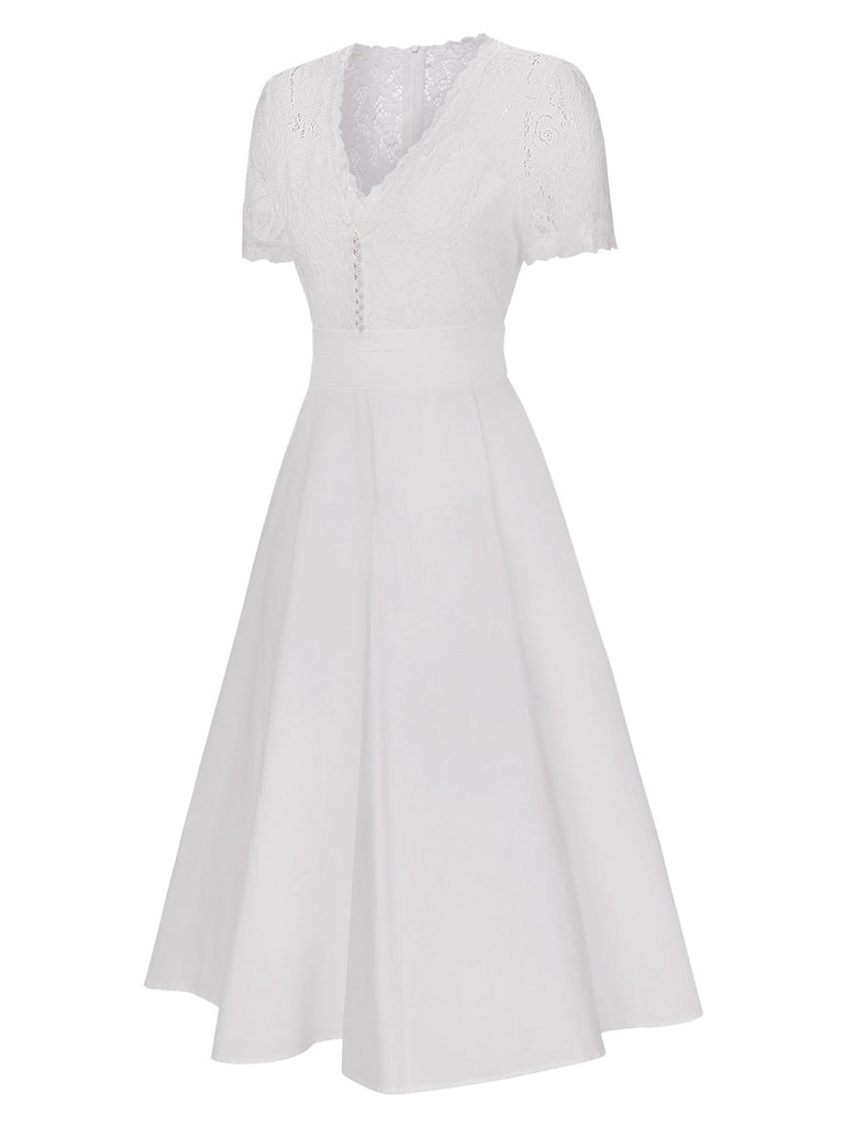 Robe blanche en patchwork de dentelle col V années 1940