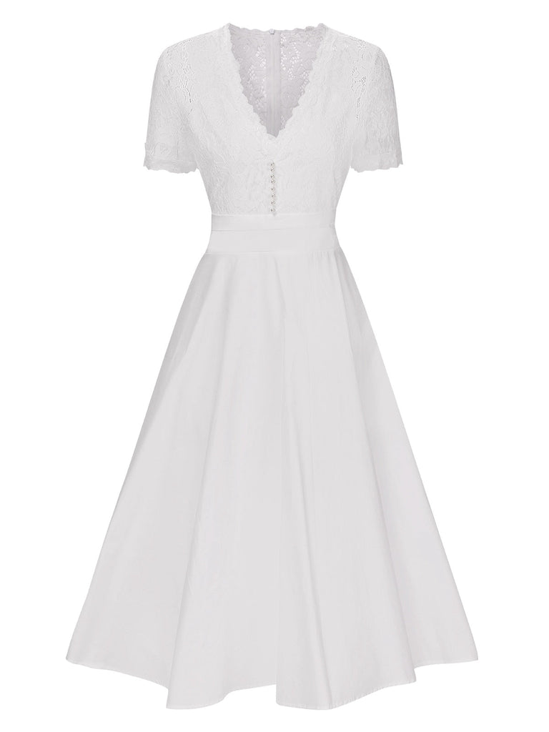 Robe blanche en patchwork de dentelle col V années 1940