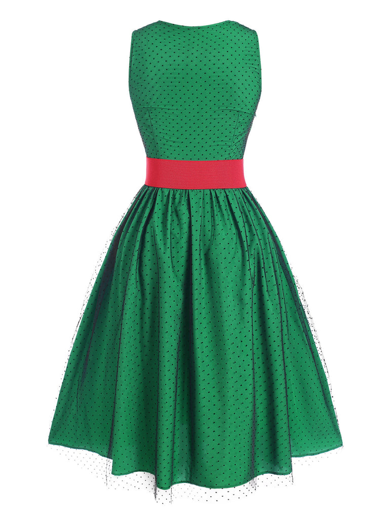 Robe patchwork en maille à pois verte des années 1950