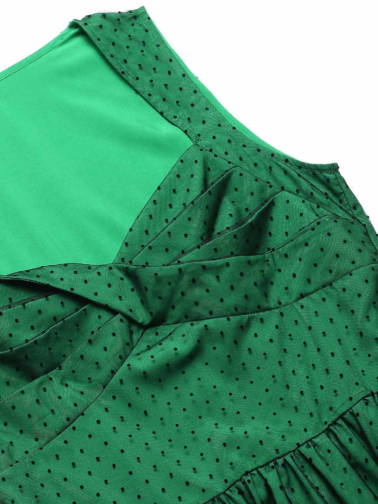 Robe patchwork en maille à pois verte des années 1950