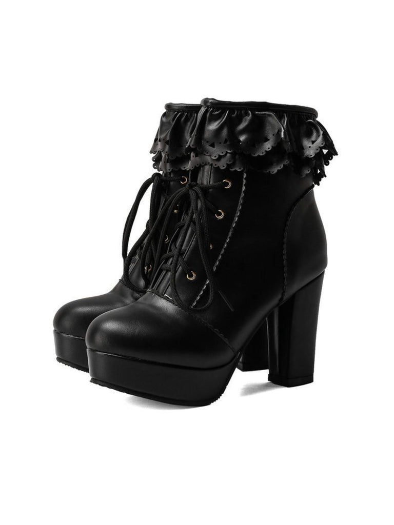 Bottes à talons hauts épais à lacets et volants vintage