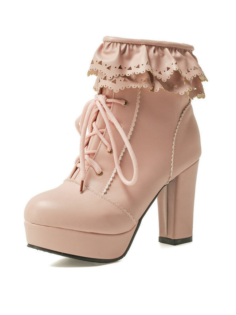 Bottes à talons hauts épais à lacets et volants vintage