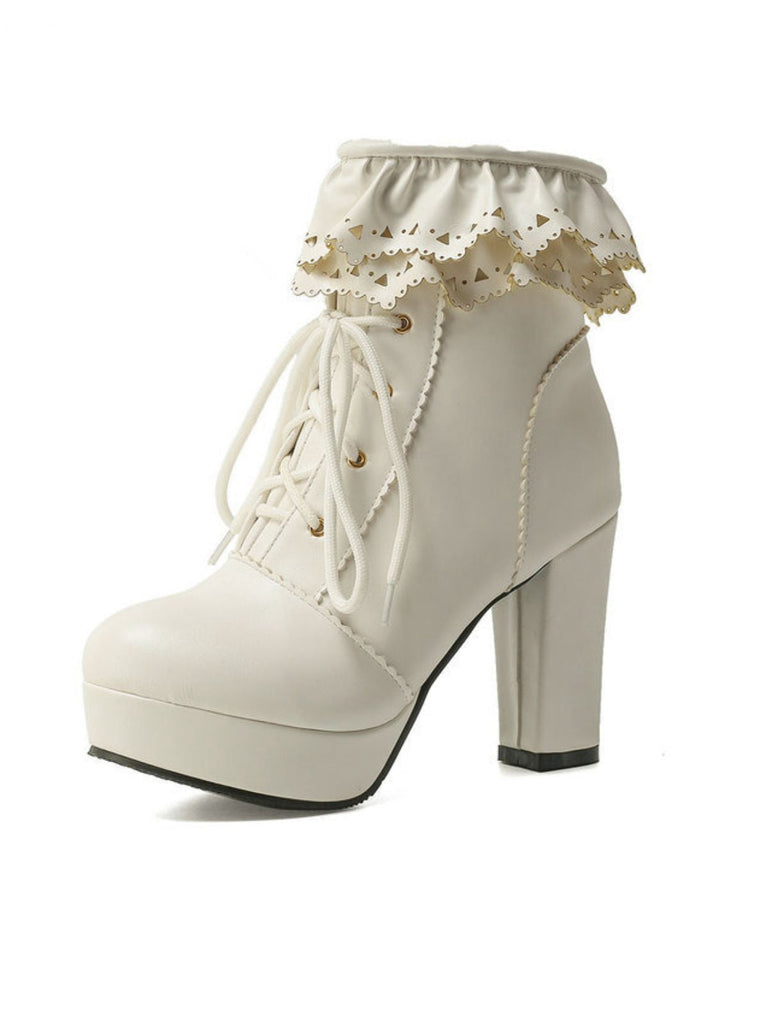 Bottes à talons hauts épais à lacets et volants vintage