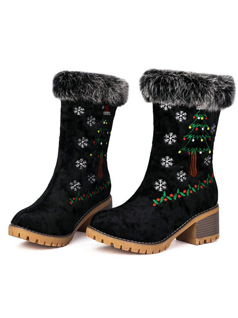 Bottes à talons épais en peluche Vintage Christmas Tree Snowflake
