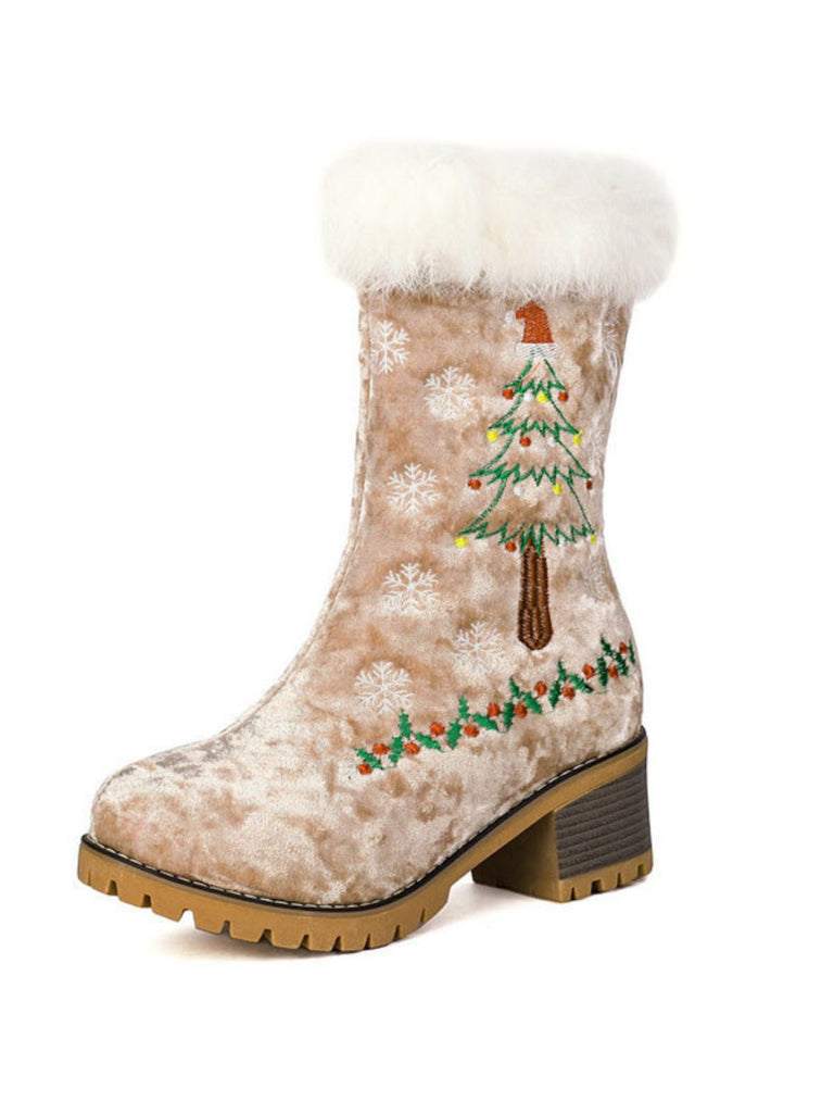 Bottes à talons épais en peluche Vintage Christmas Tree Snowflake