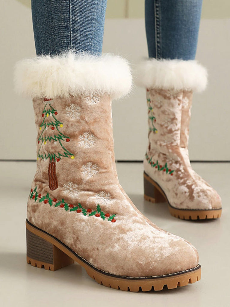 Bottes à talons épais en peluche Vintage Christmas Tree Snowflake