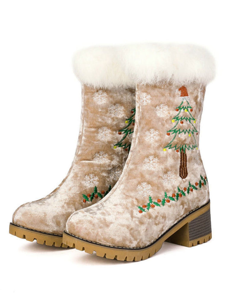 Bottes à talons épais en peluche Vintage Christmas Tree Snowflake