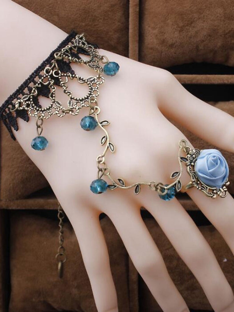 Bracelet vintage gothique en dentelle de vigne rose avec anneau en cristal